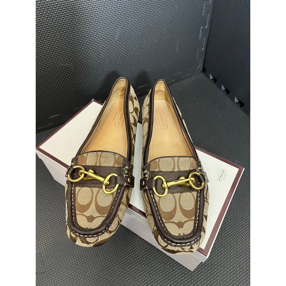 Coach Womens Khaki Horsebit Loafer Driving Moc Shoes Size 9M Logo Print - Picture 5 of 11